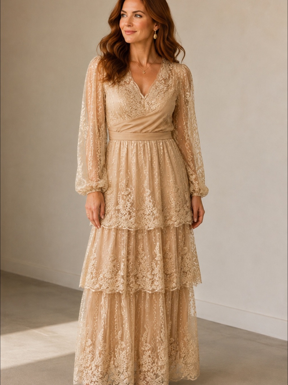 Long Sleeve Lace Tiered Maxi Dress in Champagne 2 Piece — Elegant Evening Wear